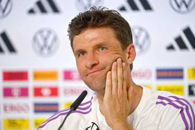 Thomas MUELLER, gesture, skeptical, action, single image, cropped single motif, portrait, portrait, portrait PRESS CONFERENCE German national football team, football training camp in Blankenhain Thuringia on 27 05 2024, Â