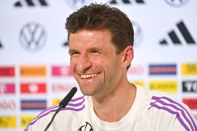 Thomas MUELLER, laughing,laughing,laughing,optimistic,good-humored, action,single picture,cropped single motif,portrait,portrait,portrait PRESS CONFERENCE German national football team,football training camp in Blankenhain Thuringia on 27 05 2024, Â