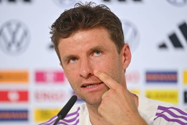 Thomas MUELLER, gesture, skeptical, action, single image, cropped single motif, portrait, portrait, portrait PRESS CONFERENCE German national football team, football training camp in Blankenhain Thuringia on 27 05 2024, Â