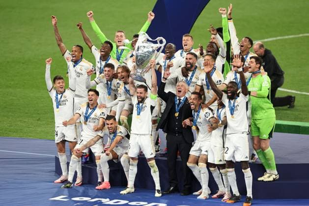 Real Madrid lift the Champions League trophy Borussia Dortmund v Real Madrid, UEFA Champions League, Final, Football, Wembley Stadium, London, UK - 01 June 2024 EDITORIAL USE ONLY No use with unauthorised audio, video, data, fixture lists, club league logos or live services. Online in-match use limited to 120 images, no video emulation. No use in betting, games or single club league player publications. Copyright: xPaulxCurrie Shutterstockx 14516316ez