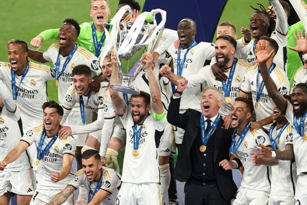 Real Madrid lift the Champions League trophy Borussia Dortmund v Real Madrid, UEFA Champions League, Final, Football, Wembley Stadium, London, UK - 01 June 2024 EDITORIAL USE ONLY No use with unauthorised audio, video, data, fixture lists, club league logos or live services. Online in-match use limited to 120 images, no video emulation. No use in betting, games or single club league player publications. Copyright: xPaulxCurrie Shutterstockx 14516316fg