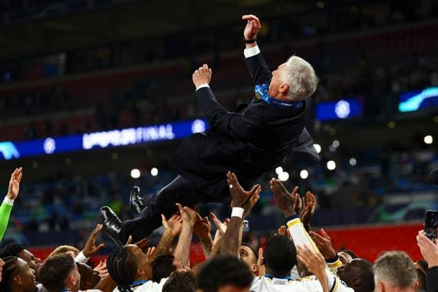 Real Madrid manager Carlo Ancelotti is thrown in the air by their players during the celebrations Borussia Dortmund v Real Madrid, UEFA Champions League, Final, Football, Wembley Stadium, London, UK - 01 June 2024 EDITORIAL USE ONLY No use with unauthorised audio, video, data, fixture lists, club league logos or live services. Online in-match use limited to 120 images, no video emulation. No use in betting, games or single club league player publications. Copyright: xKieranxMcManus Shutterstockx 14516313dq