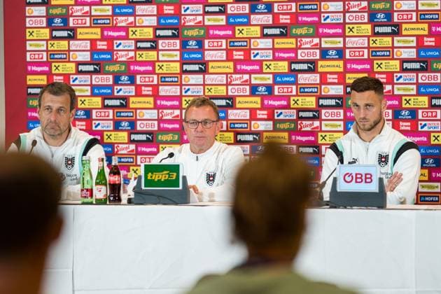 SOCCER - AUT vs SRB, test match VIENNA,AUSTRIA,03.JUN.24 - SOCCER - OEFB International Friendly, Länderspiel, Nationalmannschaft match, Austria vs Serbia, preview, press conference, PK, Pressekonferenz Team AUT. Image shows head coach Ralf Rangnick and Marko Arnautovic (AUT). GEPAxpictures xJohannesxFriedl