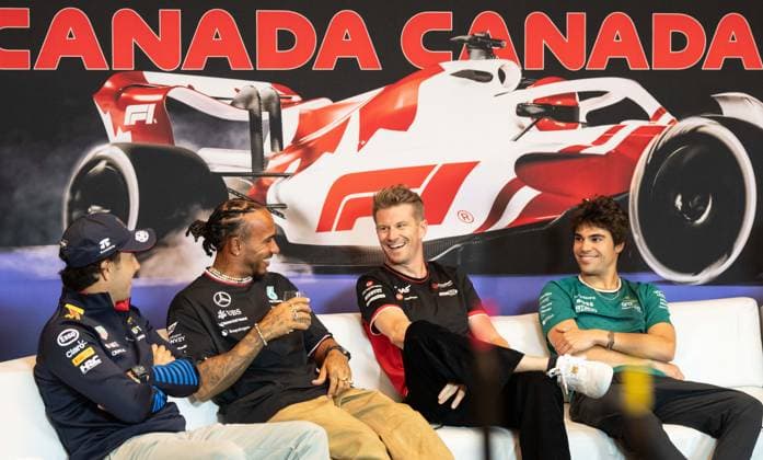 June 6, 2024, Montreal, Qc, CANADA: Haas driver Nico Hulkenberg of Germany, second right, laughs with fellow drivers from L-R, Red Bull Racing driver Sergio Perez, Mercedes driver Lewis Hamilton of Great Britain and Aston Martin driver Lance Stroll of Canada, during the drivers press conference, PK, Pressekonferenz at the Canadian Grand Prix Thursday, June 6, 2024 in Montreal. Canada News - June 6, 2024 - ZUMAc35_ 20240606_zaf_c35_215 Copyright: xChristinnexMuschix