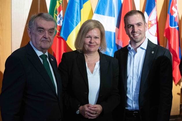 from left Herbert REUL, CDU, Minister of the Interior of North Rhine-Westphalia, Nancy FAESER, Federal Minister of the Interior, SPD, and Philipp LAHM, Tournament Director UEFA Euro 2024, Opening of the IPCC International Police cooperation Center for the UEFA European Football Championship 2024, Neuss, on 10 06 2024 Â