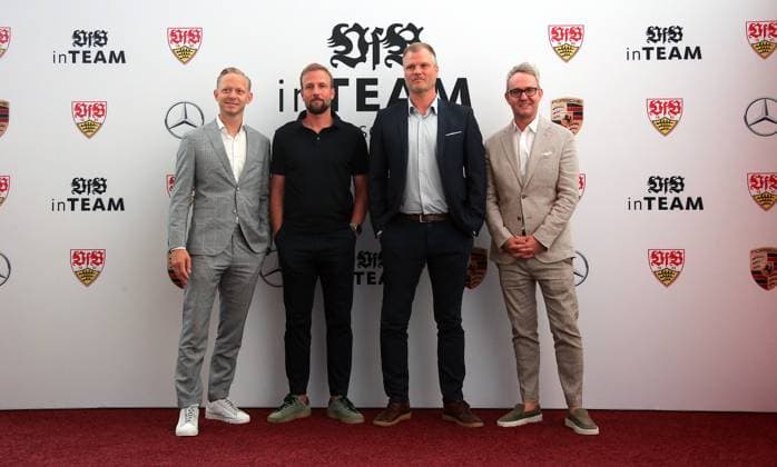 12 06 2024, Germany, Leonberg, Football Bundesliga, VfB in Team, Film premiere Traumpalast Leonberg, 6 pm red carpet, 7 30 talk, then film, f l VfB CFO Rouven Casper, VfB coach Sebastian Hoeneß, VfB sports director Fabian Wohlgemuth, CEO Alexander Wehrle