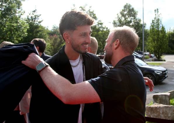 12 06 2024, Germany, Leonberg, Soccer Bundesliga, VfB in Team, Film premiere Traumpalast Leonberg, 6 pm red carpet, 7 30 talk, then film, f l Atakan Karazor, VfB coach Sebastian Hoeneß