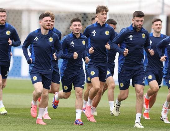 Andrew Robertson of Scotland, Billy Gilmour of Scotland, Jack Hendry of Scotland, Grant Hanley of Scotland Scotland Training Session, UEFA European Championship, EM, Europameisterschaft 2024, Group A Football, Stadion am Groben, Garmisch-Partenkirchen, Germany, 13 Jun 2024 EDITORIAL USE ONLY No use with unauthorised audio, video, data, fixture lists, club league logos or live services. Online in-match use limited to 120 images, no video emulation. No use in betting, games or single club league player publications. Copyright: xPaulxCurrie Shutterstockx 14523767p