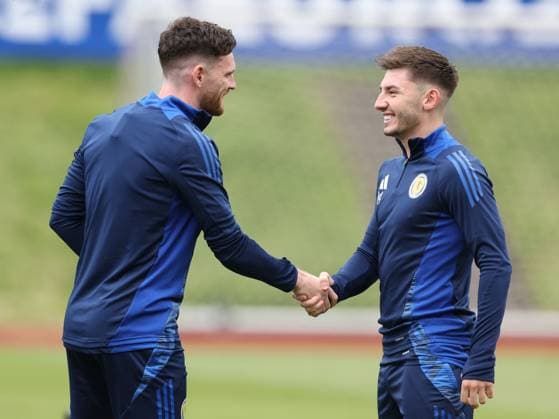 Andrew Robertson of Scotland and Billy Gilmour of Scotland shake hands Scotland Training Session, UEFA European Championship, EM, Europameisterschaft 2024, Group A Football, Stadion am Groben, Garmisch-Partenkirchen, Germany, 13 Jun 2024 EDITORIAL USE ONLY No use with unauthorised audio, video, data, fixture lists, club league logos or live services. Online in-match use limited to 120 images, no video emulation. No use in betting, games or single club league player publications. Copyright: xPaulxCurrie Shutterstockx 14523767w