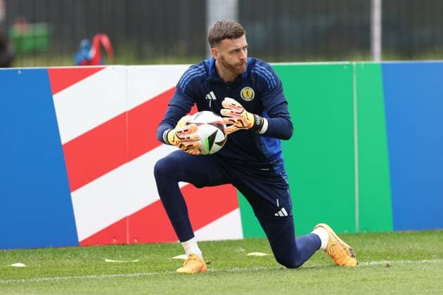 Angus Gunn of Scotland Scotland Training Session, UEFA European Championship, EM, Europameisterschaft 2024, Group A Football, Stadion am Groben, Garmisch-Partenkirchen, Germany, 13 Jun 2024 EDITORIAL USE ONLY No use with unauthorised audio, video, data, fixture lists, club league logos or live services. Online in-match use limited to 120 images, no video emulation. No use in betting, games or single club league player publications. Copyright: xPaulxCurrie Shutterstockx 14523767z