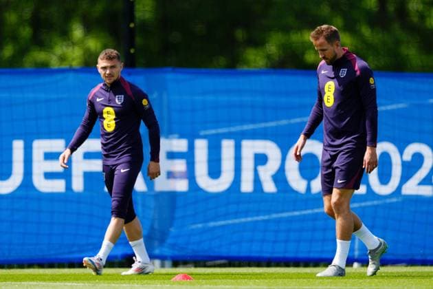 Kieran Trippier of England, Harry Kane of England England Training Session and press conference, PK, Pressekonferenz UEFA European Championship, EM, Europameisterschaft 2024, Group C, Football, Spa & Golf Resort Weimarer Land, Blankenhain, Germany, 13 Jun 2024 EDITORIAL USE ONLY No use with unauthorised audio, video, data, fixture lists, club league logos or live services. Online in-match use limited to 120 images, no video emulation. No use in betting, games or single club league player publications. Copyright: xDavexShopland Shutterstockx 14523765k