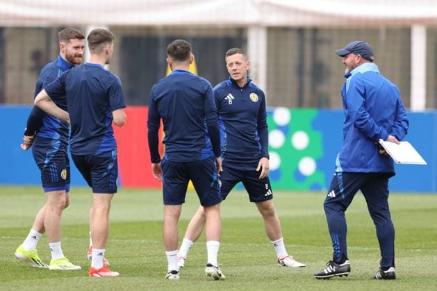 Callum McGregor of Scotland with Steve Clarke, Scotland manager Scotland Training Session, UEFA European Championship, EM, Europameisterschaft 2024, Group A Football, Stadion am Groben, Garmisch-Partenkirchen, Germany, 13 Jun 2024 EDITORIAL USE ONLY No use with unauthorised audio, video, data, fixture lists, club league logos or live services. Online in-match use limited to 120 images, no video emulation. No use in betting, games or single club league player publications. Copyright: xPaulxCurrie Shutterstockx 14523767bi