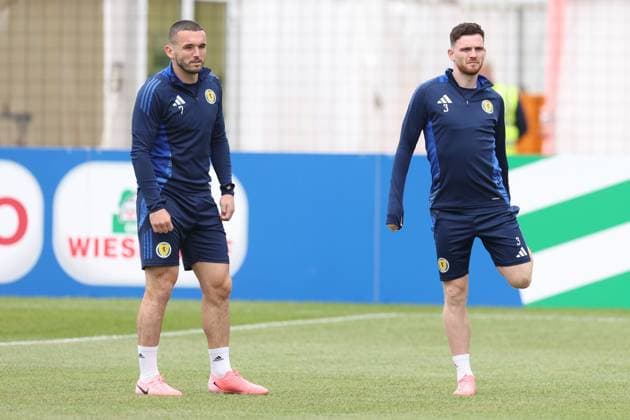 John McGinn of Scotland, Andrew Robertson of Scotland Scotland Training Session, UEFA European Championship, EM, Europameisterschaft 2024, Group A Football, Stadion am Groben, Garmisch-Partenkirchen, Germany, 13 Jun 2024 EDITORIAL USE ONLY No use with unauthorised audio, video, data, fixture lists, club league logos or live services. Online in-match use limited to 120 images, no video emulation. No use in betting, games or single club league player publications. Copyright: xPaulxCurrie Shutterstockx 14523767bc