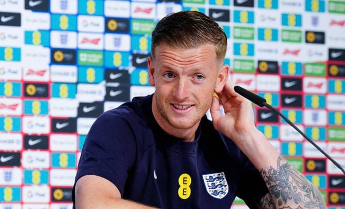 Jordan Pickford of England press conference, PK, Pressekonferenz Serbia v England press conference, UEFA European Championship, EM, Europameisterschaft 2024, Football, Gelsenkirchen, Germany - 14 Jun 2024 EDITORIAL USE ONLY No use with unauthorised audio, video, data, fixture lists, club league logos or live services. Online in-match use limited to 120 images, no video emulation. No use in betting, games or single club league player publications. Copyright: xDavidxShopland Shutterstockx 14539728j