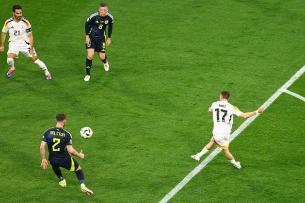Florian Wirtz of Germany scores a goal for their side to make it 1-0 Germany v Scotland, UEFA European Championship, EM, Europameisterschaft 2024, Group A, Football, Munich Football Arena, Munich, Germany, 14 Jun 2024 EDITORIAL USE ONLY No use with unauthorised audio, video, data, fixture lists, club league logos or live services. Online in-match use limited to 120 images, no video emulation. No use in betting, games or single club league player publications. Copyright: xKieranxMcManus Shutterstockx 14523770az
