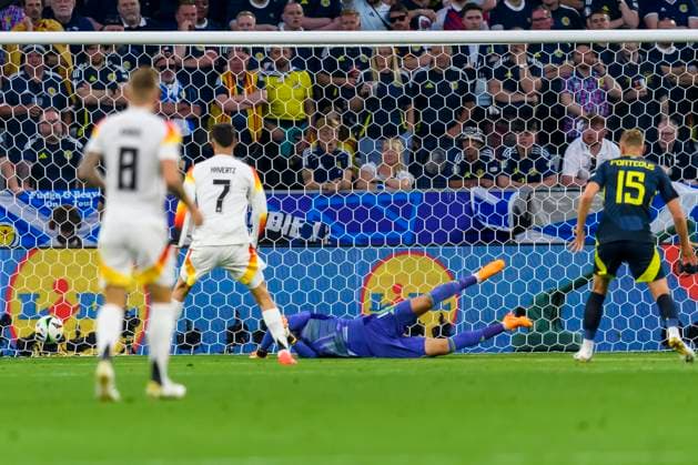 GER, UEFA Euro 2024, Group A, Germany GER vs Scotland SCO 14 06 2024, Allianz Arena, Munich, GER, UEFA Euro 2024, Group A, Germany GER vs Scotland SCO , in picture Goal for 1 0 by Florian Wirtz Germany 17 not in picture with Angus Gunn Scottland 1 Kai Havertz Germany 7 Ryan Porteous Scottland 15 nordphotoxGmbHx xStraubmeier nph00004
