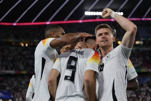 Goal and goal celebration at 4-0 by Niclas Fuellkrug Germany, 09 with Maximilian Mittelstaedt Germany, 18 , Jonathan Tah Germany, 04 and Antonio Ruediger Germany, 02 , Football, UEFA , European Championship, Group A 2024, Germany vs Scotland, 14 06 2024, Munich Football Arena, Munich, Germany Munich Munich Football Arena Bayern Germany Copyright: xGrantxHubbsx
