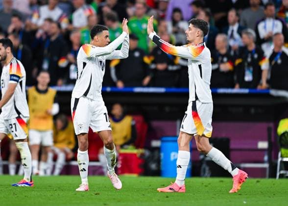 Jamal Musiala Germany and Kai Havertz Germany celebrate scoring their team s third goal, UEFA EURO 2024 Group A, Germany vs Scotland, Munich Football Arena on June 14, 2024 in Munich, Germany Photo by Silas Schueller DeFodi Images Jamal Musiala Germany and Kai Havertz Germany celebrate scoring their team s third goal, UEFA EURO 2024 Group A, Germany vs Scotland, Munich Football Arena on June 14, 2024 in Munich, Germany Photo by Silas Schueller DeFodi Images Defodi 0580998005st Defodi-738