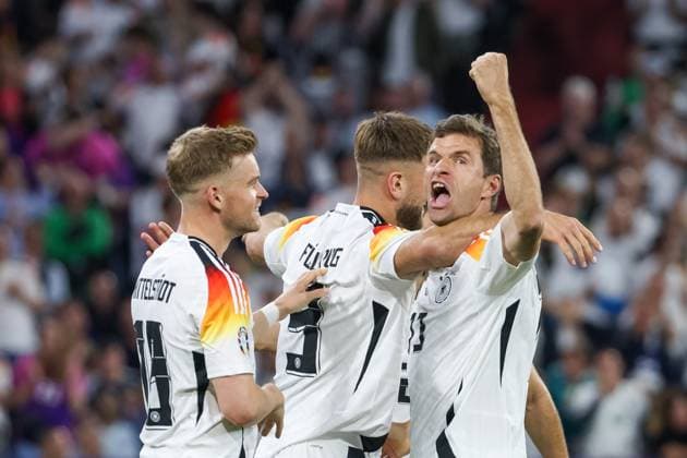 Thomas Mueller Germany, 13 with Niclas Fuellkrug Germany, 09 and Maximilian Mittelstaedt Germany, 18 , Football, UEFA , European Championship, Group A 2024, Germany vs Scotland, 14 06 2024, Munich Football Arena, Munich, Germany Munich Football Arena Bayern Germany Copyright: xGrantxHubbsx