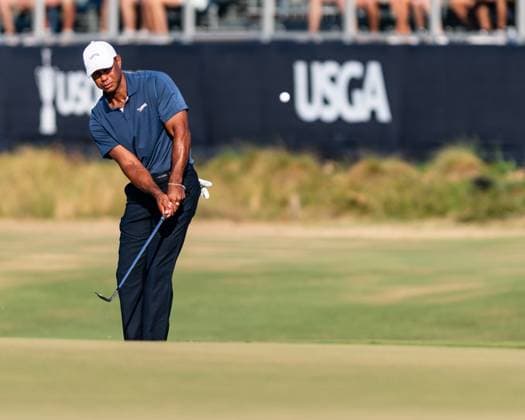 June 14, 2024, Pinehurst, North Carolina, USA: Tiger Woods of Jupiter, Florida, chips onto the 18th green during Friday s second round for the 124th U.S. Open, June 14, 2024, at Pinehurst Resort & Country Club (Course No. 2) in Pinehurst, North Carolina. Pinehurst USA - ZUMAh97_ 20240614_fap_h97_010 Copyright: xTimothyxL.xHalex