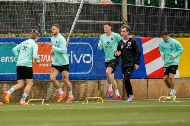SOCCER - UEFA EURO, EM, Europameisterschaft,Fussball 2024 BERLIN,GERMANY,15.JUN.24 - SOCCER -UEFA EURO 2024, OEFB, Oesterreichischer Fussball-Bund, training. Image shows Marko Arnautovic, Michael Gregoritsch, sports scientist Gerhard Zallinger and Christoph Baumgartner (AUT). GEPAxpictures xJohannesxFriedl