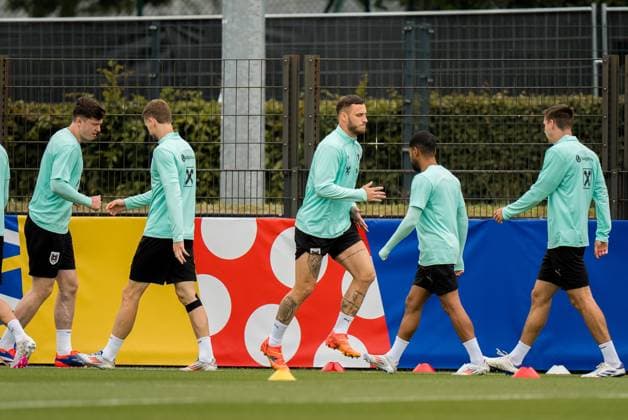 SOCCER - UEFA EURO, EM, Europameisterschaft,Fussball 2024 BERLIN,GERMANY,15.JUN.24 - SOCCER -UEFA EURO 2024, OEFB, Oesterreichischer Fussball-Bund, training. Image shows Michael Gregoritsch, Stefan Posch, Marko Arnautovic, Phillipp Mwene and Maximilian Woeber (AUT). GEPAxpictures xJohannesxFriedl