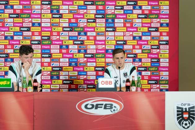 SOCCER - UEFA EURO, EM, Europameisterschaft,Fussball 2024 BERLIN,GERMANY,15.JUN.24 - SOCCER -UEFA EURO 2024, OEFB, Oesterreichischer Fussball-Bund, press conference, PK, Pressekonferenz Image shows Michael Gregoritsch and Christoph Baumgartner (AUT). GEPAxpictures xJohannesxFriedl