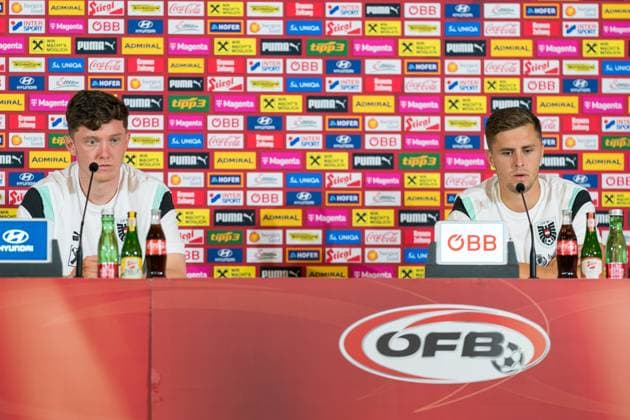 SOCCER - UEFA EURO, EM, Europameisterschaft,Fussball 2024 BERLIN,GERMANY,15.JUN.24 - SOCCER -UEFA EURO 2024, OEFB, Oesterreichischer Fussball-Bund, press conference, PK, Pressekonferenz Image shows Michael Gregoritsch and Christoph Baumgartner (AUT). GEPAxpictures xJohannesxFriedl