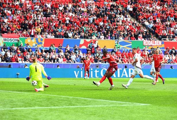 Kwadwo Duah of Switzerland scores to make it 1-0 Hungary v Switzerland, UEFA European Championship, EM, Europameisterschaft 2024, Group A, Football, Cologne Stadium, Cologne, Germany, 15 Jun 2024 EDITORIAL USE ONLY No use with unauthorised audio, video, data, fixture lists, club league logos or live services. Online in-match use limited to 120 images, no video emulation. No use in betting, games or single club league player publications. Copyright: xMichaelxZemanek Shutterstockx 14539265ae
