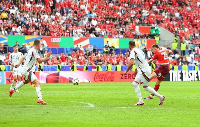 Michel Aebischer of Switzerland scores to make it 2-0 Hungary v Switzerland, UEFA European Championship, EM, Europameisterschaft 2024, Group A, Football, Cologne Stadium, Cologne, Germany, 15 Jun 2024 EDITORIAL USE ONLY No use with unauthorised audio, video, data, fixture lists, club league logos or live services. Online in-match use limited to 120 images, no video emulation. No use in betting, games or single club league player publications. Copyright: xMichaelxZemanek Shutterstockx 14539265aq