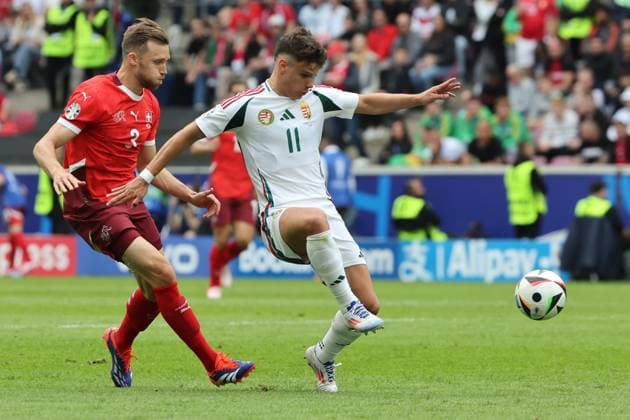 duel Silvan Widmer Switzerland, No. 3 with Milos Kerkez Hungary, No. 11 , , preliminary round match M02, HUN SUI, , European Football Championship, Hungary vs Switzerland, European Football Championship, Hungary vs Swiss, Cologne, Cologne, 15 06 2024,
