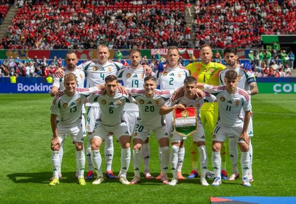 Football, Men, Season 2023 24, Euro 2024 Group A 1 Matchday in Cologne, Hungary Switzerland, back f l Attila Fiola Hungary , Attila Szalai Hungary , Barnabas Varga Hungary , Adam Lang Hungary , Goalkeeper Peter Gulacsi Hungary , Dominik Szoboszlai Hungary , front f l Andras Schäfer Hungary , Willi Orban Hungary , Roland Sallai Hungary , Adam Nagy Hungary , Milos Kerkez Hungary , 15 06 2024, Copyright: xSebastianxRäppold MatthiasxKochx
