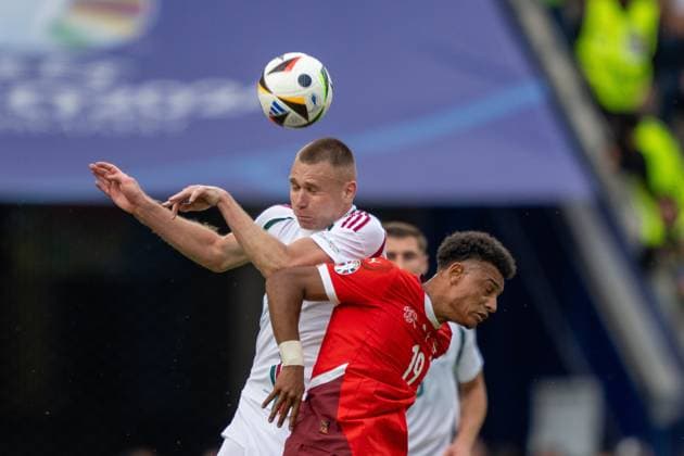 GER, EURO 2024, Group A, Hungary HUN vs Switzerland SUI 15 06 2024, Cologne Stadium, Cologne, GER, EURO 2024, Group A, Hungary HUN vs Switzerland SUI In the picture Dan Ndoye Switzerland SUI, 19 and Attila Szalai Hungary HUN, 04 header header duel dynamics, action, action, game scene in duel, duel, dynamics, action, action, game scene nordphotoxGmbHxx xDenkinger nph00015