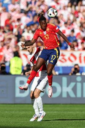 Nico Williams of Spain under pressure from Josip Stanisic of Croatia Spain v Croatia, UEFA European Championship, EM, Europameisterschaft 2024, Group B, Football, Olympiastadion, Berlin, Germany, 15 Jun 2024 EDITORIAL USE ONLY No use with unauthorised audio, video, data, fixture lists, club league logos or live services. Online in-match use limited to 120 images, no video emulation. No use in betting, games or single club league player publications. Copyright: xMattxWest Shutterstockx 14539284v