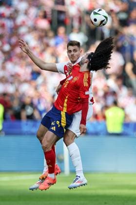 Marc Cucurella of Spain battles with Josip Stanisic of Croatia in the air Spain v Croatia, UEFA European Championship, EM, Europameisterschaft 2024, Group B, Football, Olympiastadion, Berlin, Germany, 15 Jun 2024 EDITORIAL USE ONLY No use with unauthorised audio, video, data, fixture lists, club league logos or live services. Online in-match use limited to 120 images, no video emulation. No use in betting, games or single club league player publications. Copyright: xMattxWest Shutterstockx 14539284aa