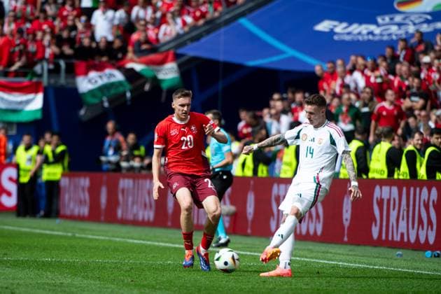 Michael Aebischer Switzerland, 20 in duel with Bendeguz Bolla Hungary, 14 , GER, Hungary HUN vs Switzerland SUI , European Football Championship, UEFA EURO 2024, Group A, Matchday 1, 15 06 2024 GER, Hungary HUN vs Switzerland SUI , European Football Championship, UEFA EURO 2024, Group A, Matchday 1, 15 06 2024 Cologne Copyright: xEibner-Pressefoto Memmlerx EP_MMR