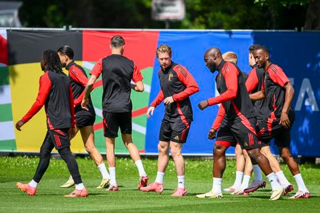 EURO 2024, Nationalteam Belgien, Training Belgium Media Activities - UEFA EURO, EM, Europameisterschaft,Fussball 2024 16 06 2024 FREIBERG AM NECKA, GERMANY - JUNE 16 : De Bruyne Kevin forward of Belgium, Lukaku Romelu forward of Belgium during a training session of the Belgian Red Devils at the UEFA EURO 2024 European Football Championship tournament on June 16, 2024 in Freiberg am Necka, Germany, 16 06 2024 Freiberg am Necka Germany Copyright: xVincentxKalutx