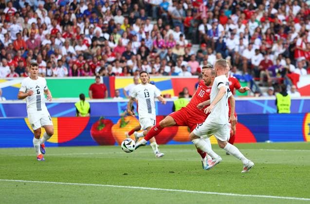 Christian Eriksen of Denmark scores to make it 0-1 Slovenia v Denmark, UEFA European Championship, EM, Europameisterschaft 2024, Group C, Football, Stuttgart Arena, Stuttgart, Germany, 16 Jun 2024 EDITORIAL USE ONLY No use with unauthorised audio, video, data, fixture lists, club league logos or live services. Online in-match use limited to 120 images, no video emulation. No use in betting, games or single club league player publications. Copyright: xMichaelxZemanek Shutterstockx 14539399bp