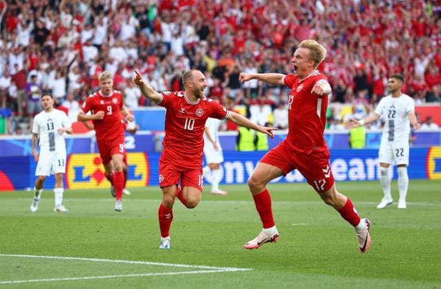 Christian Eriksen of Denmark celebrates scoring to make it 0-1 Slovenia v Denmark, UEFA European Championship, EM, Europameisterschaft 2024, Group C, Football, Stuttgart Arena, Stuttgart, Germany, 16 Jun 2024 EDITORIAL USE ONLY No use with unauthorised audio, video, data, fixture lists, club league logos or live services. Online in-match use limited to 120 images, no video emulation. No use in betting, games or single club league player publications. Copyright: xMichaelxZemanek Shutterstockx 14539399bv