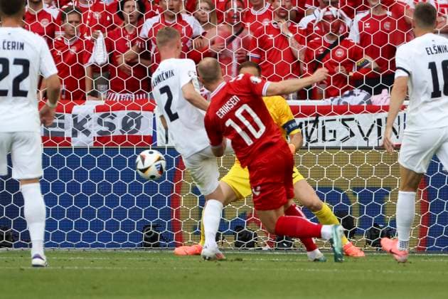 0 1 Goal for Denmark by Christian Eriksen Denmark, 10 , Football, UEFA , European Championship, Group C 2024, Slovenia vs Denmark, 16 06 2024, Stuttgart Arena, Stuttgart, Germany Stuttgart Stuttgart Arena Baden Wuerttemberg Germany Copyright: xGrantxHubbsx