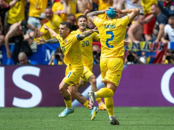 Goal for 1 0 by Nicolae Claudiu Stanciu Romania, 21 , with Dennis Man Romania, 20 and Andrei Florin Ratiu Romania, 02 , GER, Romania v Ukraine, European Football Championship, UEFA EURO 2024, Group E, Matchday 1, 17 06 2024, GER, Romania v Ukraine, European Football Championship, UEFA EURO 2024, Group E, Matchday 1, 17 06 2024 Munich Copyright: xEibner-Pressefoto SaschaxWaltherx EP_SWA