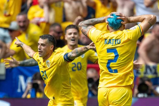 Goal for 1 0 by Nicolae Claudiu Stanciu Romania, 21 , with Dennis Man Romania, 20 and Andrei Florin Ratiu Romania, 02 , GER, Romania v Ukraine, European Football Championship, UEFA EURO 2024, Group E, Matchday 1, 17 06 2024, GER, Romania v Ukraine, European Football Championship, UEFA EURO 2024, Group E, Matchday 1, 17 06 2024 Munich Copyright: xEibner-Pressefoto SaschaxWaltherx EP_SWA