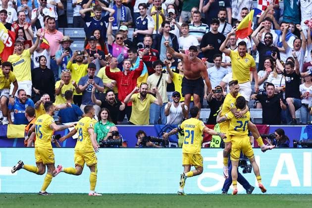Denis Dragus of Romania scores the third goal Romania v Ukraine, UEFA European Championship, EM, Europameisterschaft 2024, Group E, Football, Munich Football Arena, Munich, Germany, 17 Jun 2024 EDITORIAL USE ONLY No use with unauthorised audio, video, data, fixture lists, club league logos or live services. Online in-match use limited to 120 images, no video emulation. No use in betting, games or single club league player publications. Copyright: xMichaelxZemanek Shutterstockx 14539636at