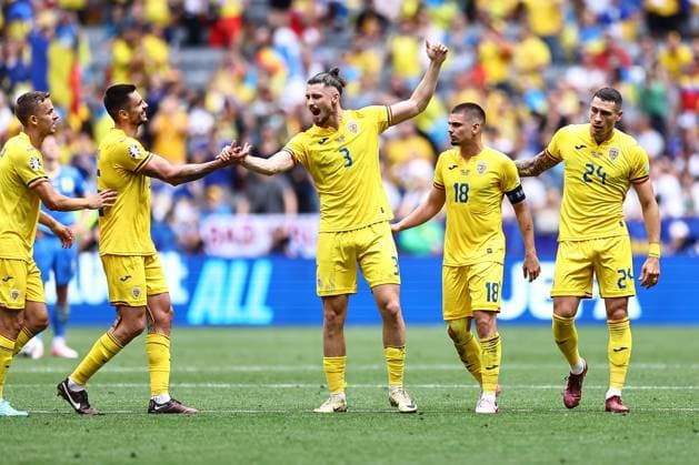 Radu Draguin of Romania, Razvan Marin of Romania and Nicolae Stanciu of Romania elebrate at the final whistle Romania v Ukraine, UEFA European Championship, EM, Europameisterschaft 2024, Group E, Football, Munich Football Arena, Munich, Germany, 17 Jun 2024 EDITORIAL USE ONLY No use with unauthorised audio, video, data, fixture lists, club league logos or live services. Online in-match use limited to 120 images, no video emulation. No use in betting, games or single club league player publications. Copyright: xMichaelxZemanek Shutterstockx 14539636bs