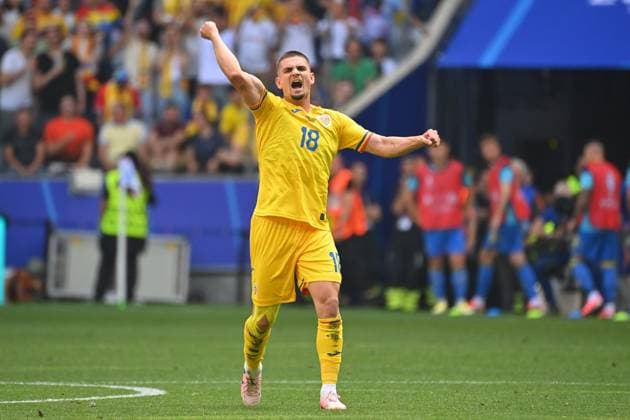 Razvan MARIN ROM after goal to 2 0, cheering,joy,enthusiasm,, action,single action,single picture,cropped,full body shot,whole figure group phase group C Romania ROU Ukraine UKR 3 0, on 17 06 2024 Football Arena Munich, Football UEFA EURO 2024 GERMANY from 14 06 2024 14 07 2024 Â