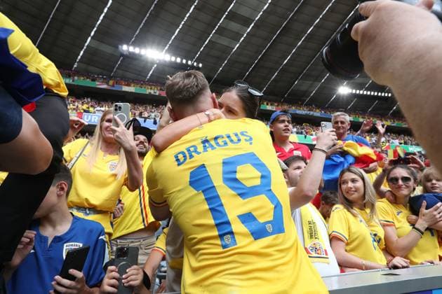 Denis Dragus of Romania with his wife after the match Romania v Ukraine, UEFA European Championship, EM, Europameisterschaft 2024, Group E, Football, Munich Football Arena, Munich, Germany, 17 Jun 2024 EDITORIAL USE ONLY No use with unauthorised audio, video, data, fixture lists, club league logos or live services. Online in-match use limited to 120 images, no video emulation. No use in betting, games or single club league player publications. Copyright: xMichaelxZemanek Shutterstockx 14539636cm