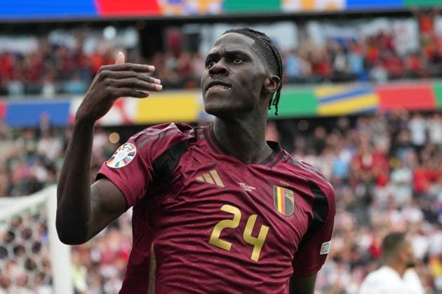 Cheers Amadou Onana Belgium, Belgium, Belgie, Belgique, 24 He scores with a header, but Romelu Lukaku Belgium, Belgium, Belgie, Belgique, 10 is offside and the VAR does not recognize the goal Frankfurt 17 06 2024 Belgium vs Slovakia, EURO2024 M9, Group E, EM Arena Frankfurt