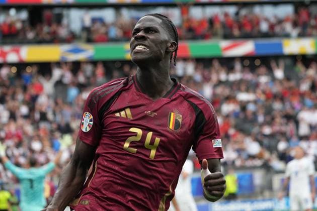 Cheers Amadou Onana Belgium, Belgium, Belgie, Belgique, 24 He scores with a header, but Romelu Lukaku Belgium, Belgium, Belgie, Belgique, 10 is offside and the VAR does not recognize the goal Frankfurt 17 06 2024 Belgium vs Slovakia, EURO2024 M9, Group E, EM Arena Frankfurt