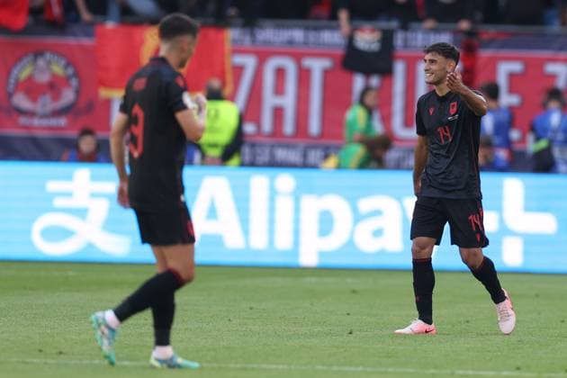 Qazim Laci of Albania celebrates scoring the first goal Croatia v Albania, UEFA European Championship, EM, Europameisterschaft 2024, Group B, Football, Volksparkstadion, Hamburg, Germany, 19 Jun 2024 EDITORIAL USE ONLY No use with unauthorised audio, video, data, fixture lists, club league logos or live services. Online in-match use limited to 120 images, no video emulation. No use in betting, games or single club league player publications. Copyright: xPaulxCurrie Shutterstockx 14543648aa