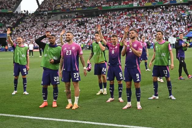19 06 2024, xscotx, European Football Championship 2024, Germany Hungary, emspor, v l Benjamin Henrichs Germany, 20 , Robert Andrich Germany, 23 , Joshua Kimmich Germany, 6 , Niclas Fuellkrug Füllkrug, Germany, 9 , Thomas Mueller Müller, Germany, 13 Celebrating the victory, cheering after the end of the game Stuttgart